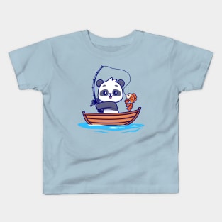 Cute Panda Fishing On Boat Cartoon Kids T-Shirt